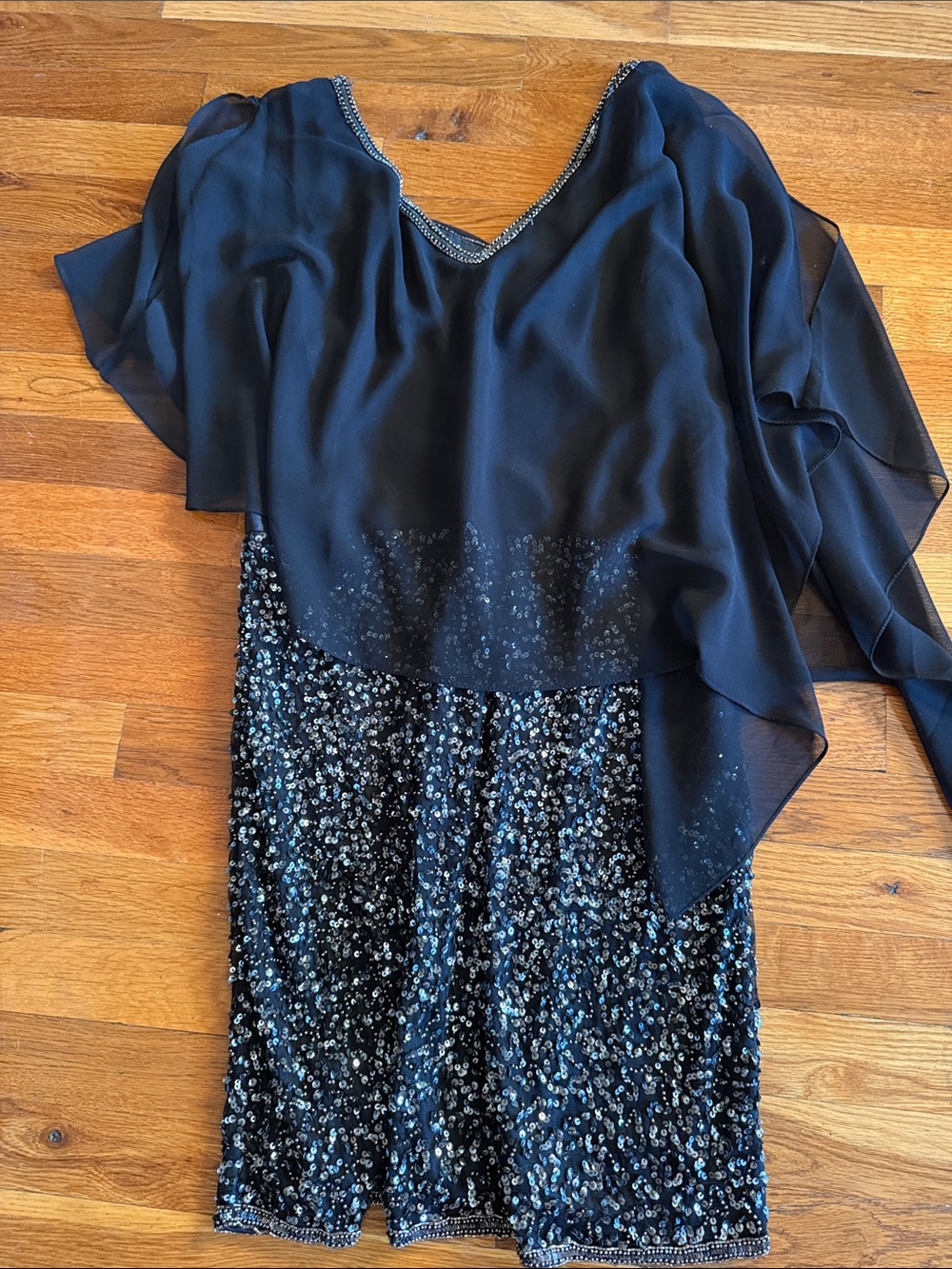J Kara Black Sequin Midi Dress with Sheer Cape Overlay